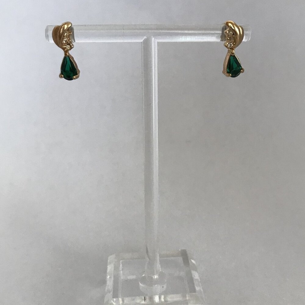 Dainty Gold Tone & Emerald Pierced Earrings
